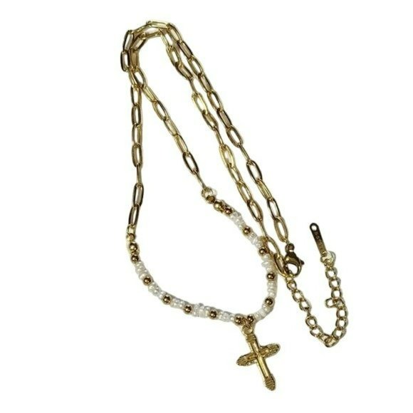 Gold Plated Stainless Steel Chain Freshwater Pearl Beads Cross‎ Pendant Necklace - Picture 2 of 14